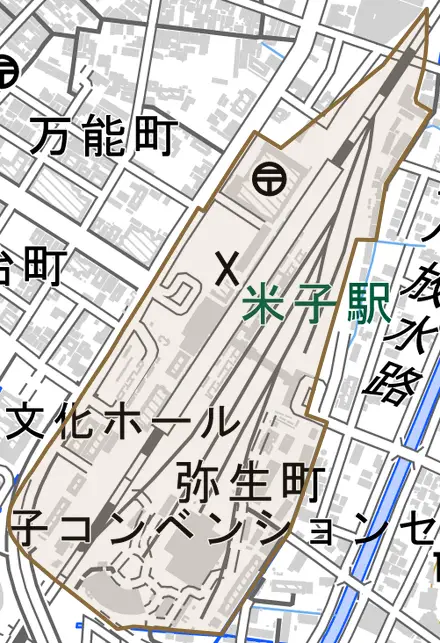 弥生町とその周辺の地図。町の範囲を重ねている
