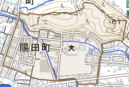 陽田町とその周辺の地図。町の範囲を重ねている