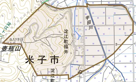 淀江町福井とその周辺の地図。町の範囲を重ねている