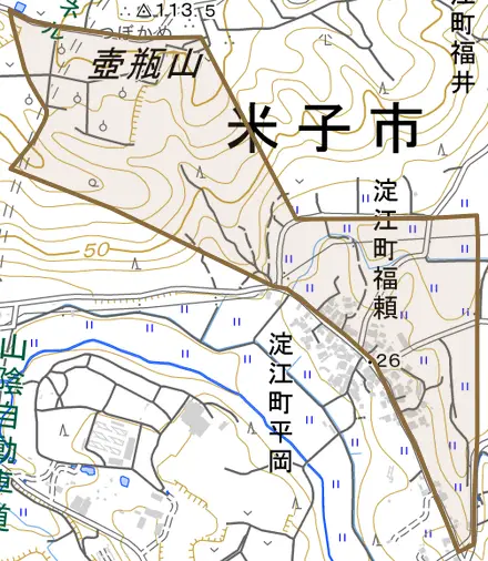 淀江町福頼とその周辺の地図。町の範囲を重ねている