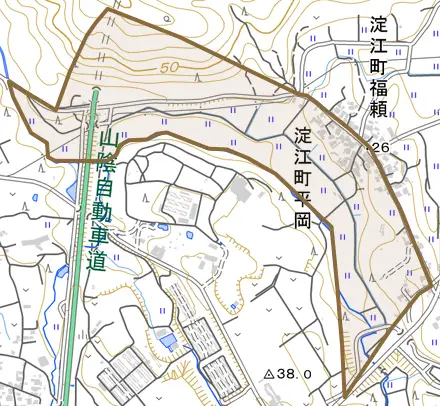 淀江町平岡とその周辺の地図。町の範囲を重ねている