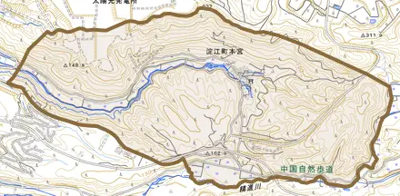 淀江町本宮とその周辺の地図。町の範囲を重ねている