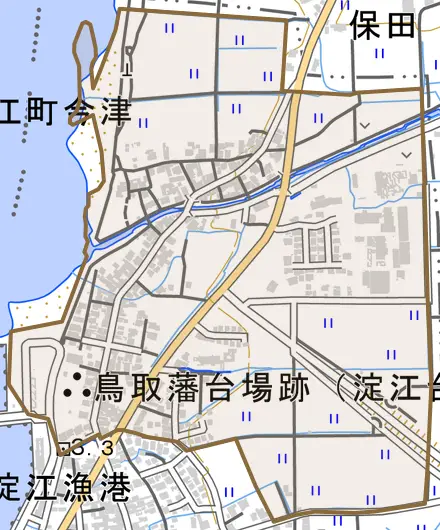 淀江町今津とその周辺の地図。町の範囲を重ねている