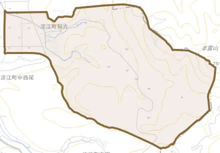淀江町稲吉とその周辺の地図。町の範囲を重ねている