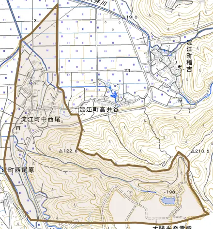 淀江町中西尾とその周辺の地図。町の範囲を重ねている