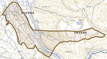 淀江町西尾原とその周辺の地図。町の範囲を重ねている