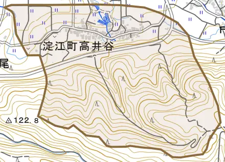 淀江町高井谷とその周辺の地図。町の範囲を重ねている