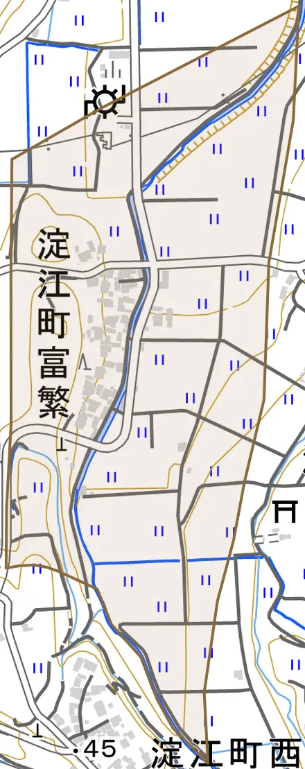 淀江町富繁とその周辺の地図。町の範囲を重ねている
