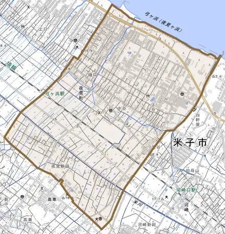 夜見町とその周辺の地図。町の範囲を重ねている
