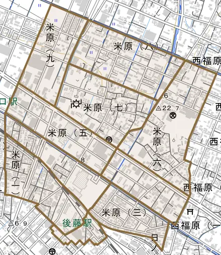 米原とその周辺の地図。町の範囲を重ねている