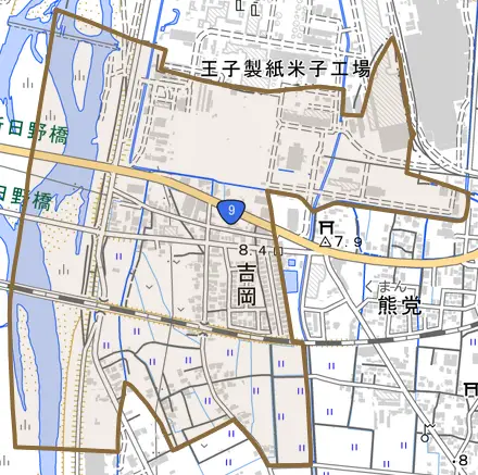 吉岡とその周辺の地図。町の範囲を重ねている