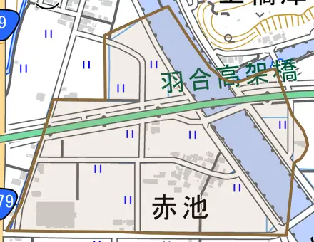 大字赤池とその周辺の地図。町の範囲を重ねている