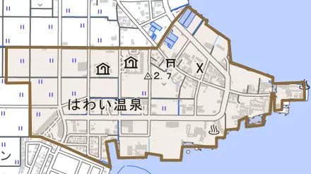大字はわい温泉とその周辺の地図。町の範囲を重ねている