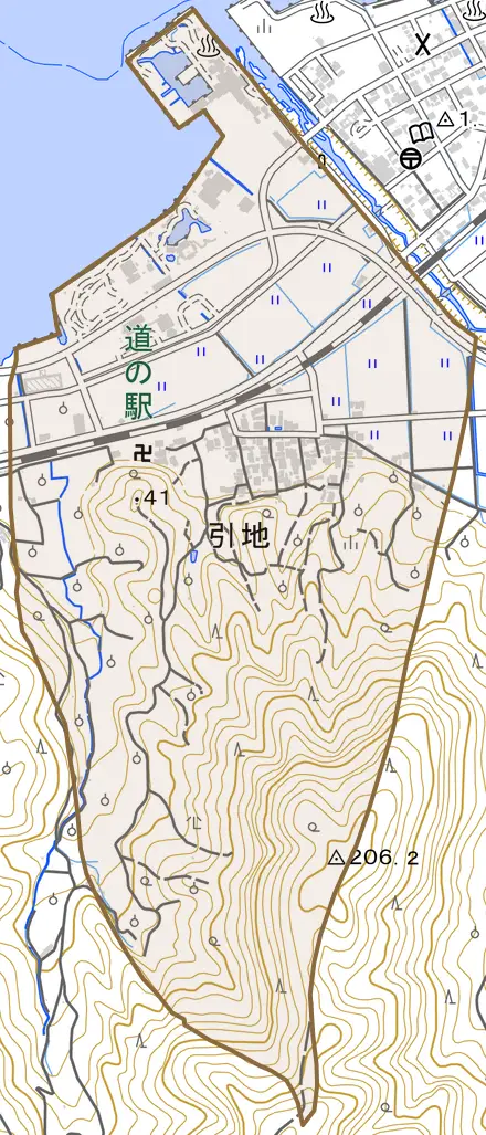 大字引地とその周辺の地図。町の範囲を重ねている