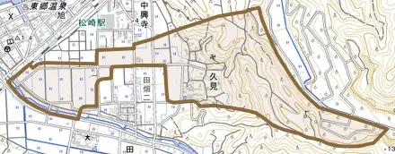 大字久見とその周辺の地図。町の範囲を重ねている