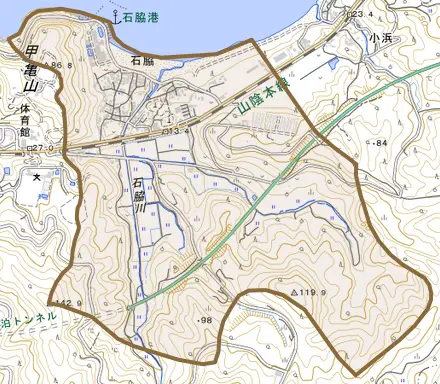 大字石脇とその周辺の地図。町の範囲を重ねている