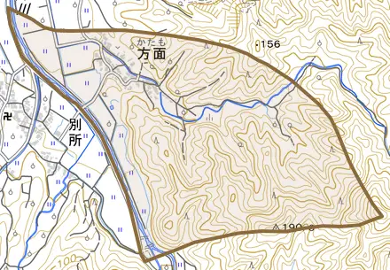 大字方面とその周辺の地図。町の範囲を重ねている