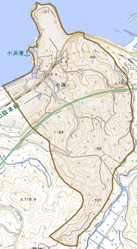 大字小浜とその周辺の地図。町の範囲を重ねている