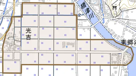 大字光吉とその周辺の地図。町の範囲を重ねている