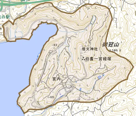 大字宮内とその周辺の地図。町の範囲を重ねている