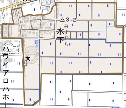 大字水下とその周辺の地図。町の範囲を重ねている