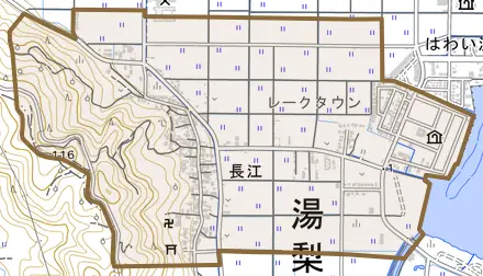 大字長江とその周辺の地図。町の範囲を重ねている