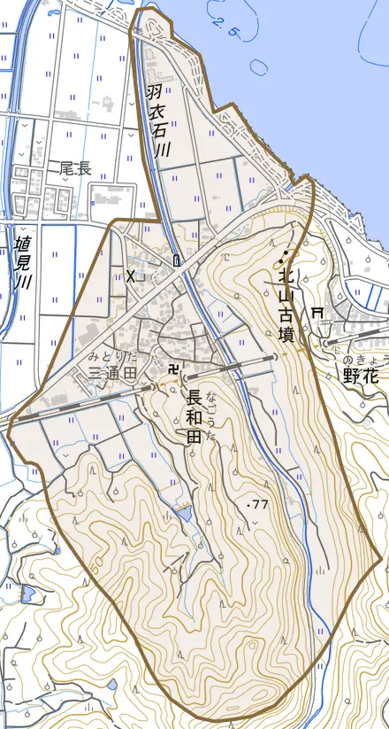 大字長和田とその周辺の地図。町の範囲を重ねている