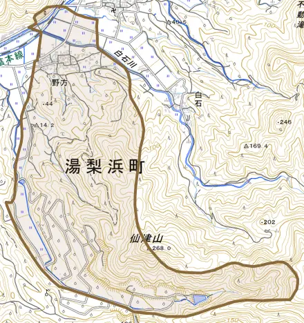 大字野方とその周辺の地図。町の範囲を重ねている