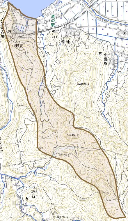 大字野花とその周辺の地図。町の範囲を重ねている