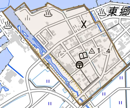 大字龍島とその周辺の地図。町の範囲を重ねている