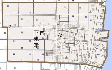 大字下浅津とその周辺の地図。町の範囲を重ねている