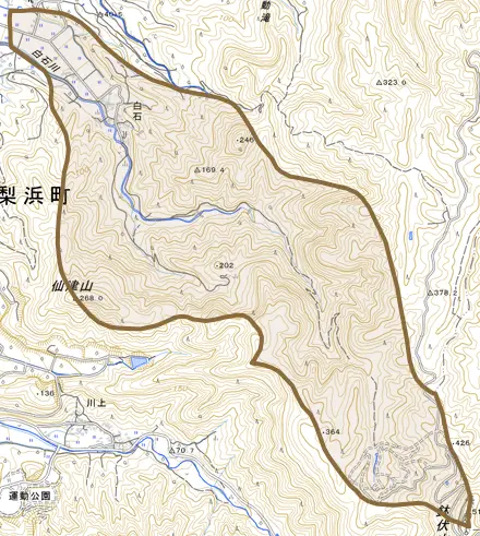 大字白石とその周辺の地図。町の範囲を重ねている