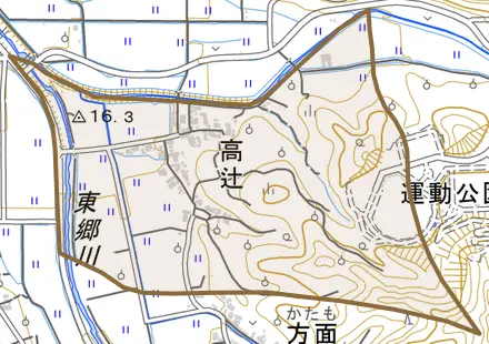 大字高辻とその周辺の地図。町の範囲を重ねている