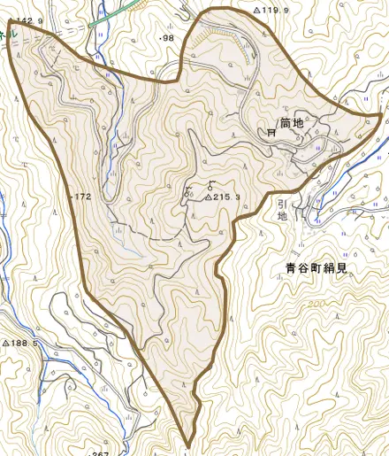 大字筒地とその周辺の地図。町の範囲を重ねている