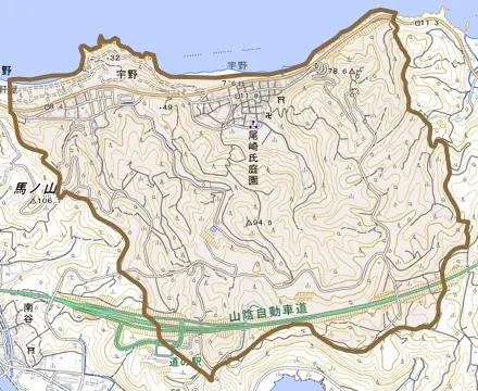 大字宇野とその周辺の地図。町の範囲を重ねている