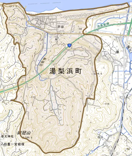 大字宇谷とその周辺の地図。町の範囲を重ねている