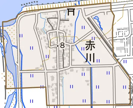 赤川とその周辺の地図。町の範囲を重ねている