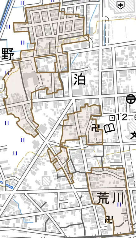 荒川とその周辺の地図。町の範囲を重ねている