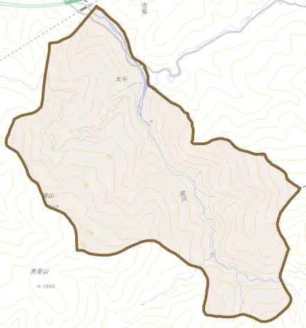 大平とその周辺の地図。町の範囲を重ねている