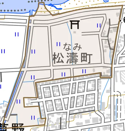 大屋とその周辺の地図。町の範囲を重ねている