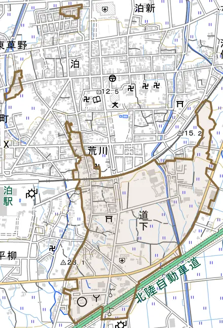 道下とその周辺の地図。町の範囲を重ねている