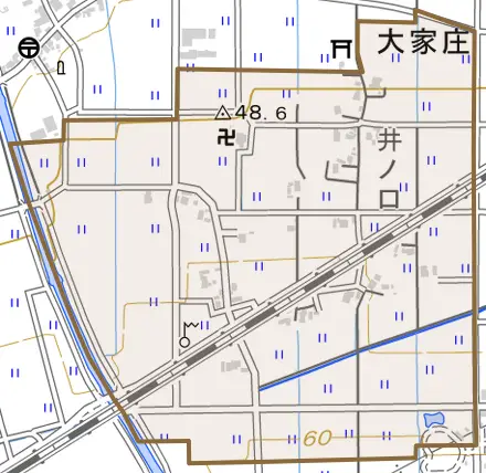 不動堂とその周辺の地図。町の範囲を重ねている