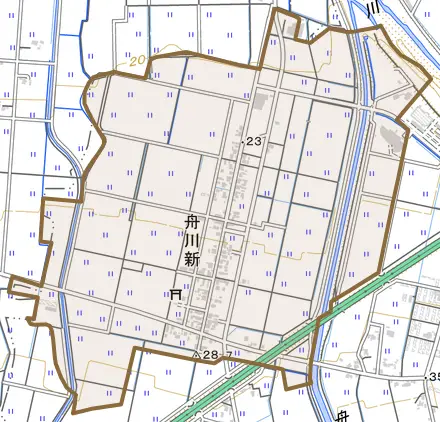 舟川新とその周辺の地図。町の範囲を重ねている