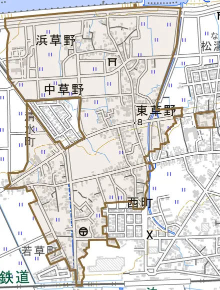 東草野とその周辺の地図。町の範囲を重ねている