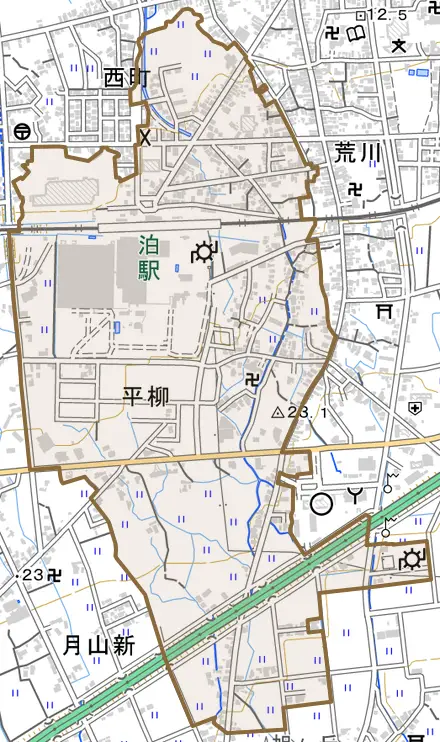平柳とその周辺の地図。町の範囲を重ねている