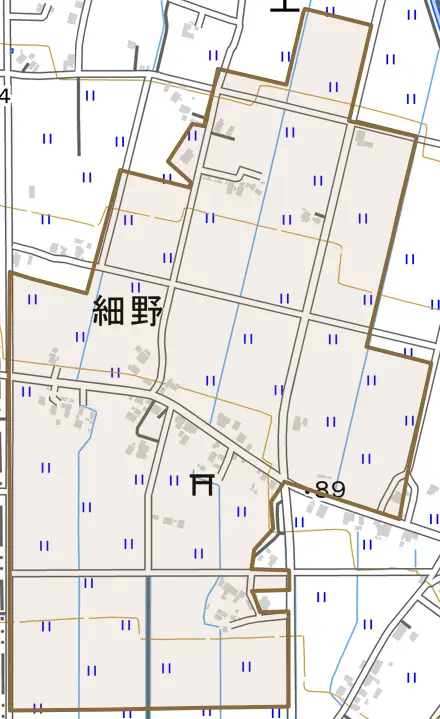 細野とその周辺の地図。町の範囲を重ねている
