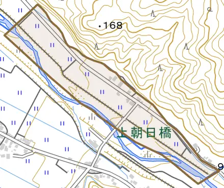 石谷とその周辺の地図。町の範囲を重ねている