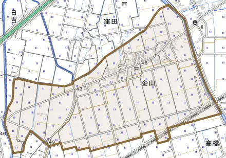 金山とその周辺の地図。町の範囲を重ねている