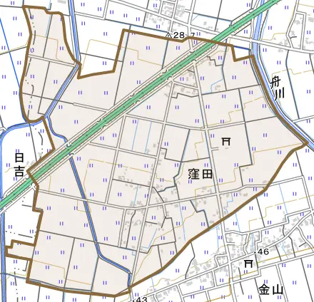 窪田とその周辺の地図。町の範囲を重ねている
