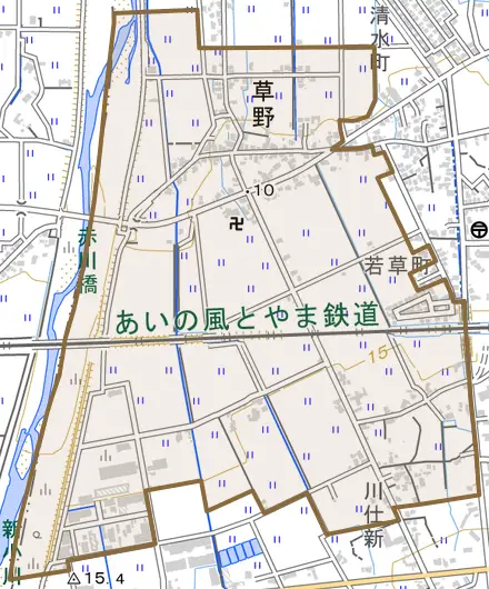 草野とその周辺の地図。町の範囲を重ねている